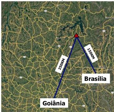 Mapa com as distâncias até Brasília (155 km) e Goiânia